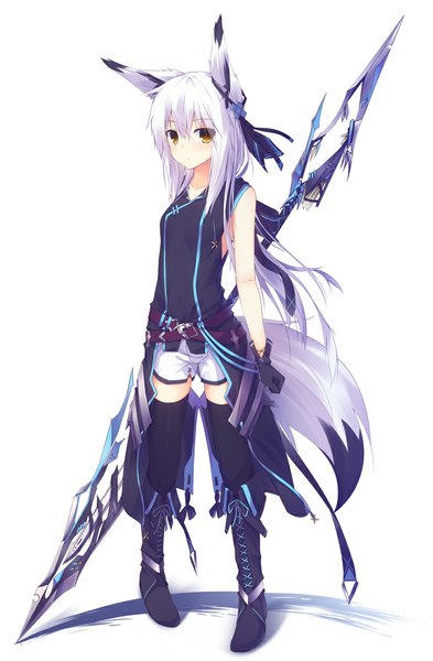 Anime picture 735x1122 with original nagishiro mito single long hair tall image looking at viewer blush fringe simple background standing white background holding animal ears yellow eyes white hair tail animal tail fox ears fox tail fox girl