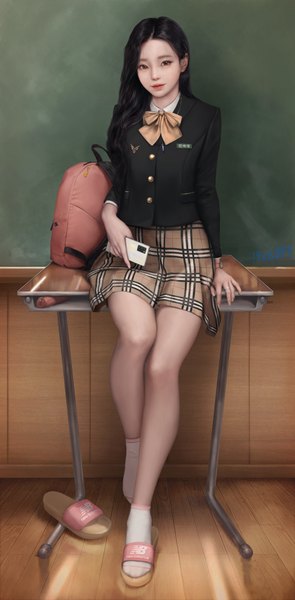 Anime picture 3000x6105 with original jagercoke single long hair tall image looking at viewer highres black hair sitting holding full body indoors long sleeves fingernails light smile lips black eyes realistic plaid skirt reflection