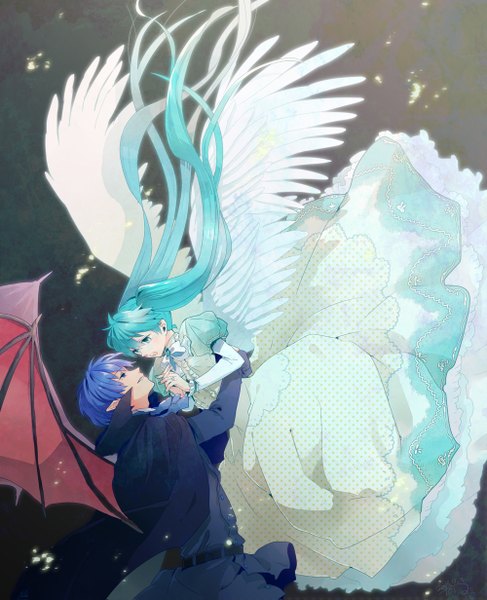Anime picture 1000x1231 with vocaloid hatsune miku kaito (vocaloid) irono yoita (artist) long hair tall image fringe blue eyes twintails blue hair light smile pointy ears aqua hair alternate costume couple hug flying angel wings face to face eye contact