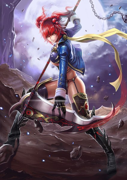 Anime picture 992x1404 with touhou onozuka komachi dantewontdie single long hair tall image looking at viewer breasts light erotic red eyes large breasts red hair high heels two side up girl gloves hair ornament weapon black gloves jacket