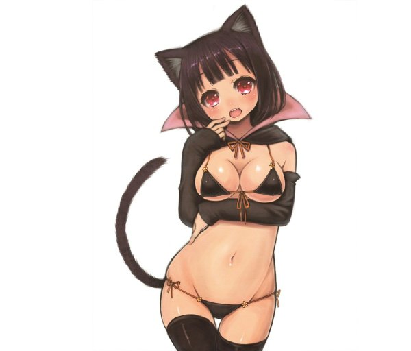 Anime picture 1200x1024 with original miyamae porin single blush short hair breasts open mouth light erotic black hair simple background red eyes white background animal ears cat ears cat girl cat tail girl navel swimsuit detached sleeves