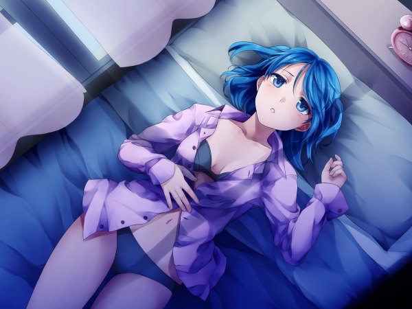 Anime picture 2400x1800 with hunie pop nikki ann-marie ninamo single highres short hair blue eyes light erotic blue hair lying open clothes open shirt girl navel underwear panties shirt lingerie bra bed