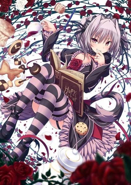Anime picture 1000x1414 with hapymaher naitou maia ugume single tall image blush short hair brown eyes grey hair girl thighhighs flower (flowers) ribbon (ribbons) hair ribbon petals rose (roses) book (books) striped thighhighs cup