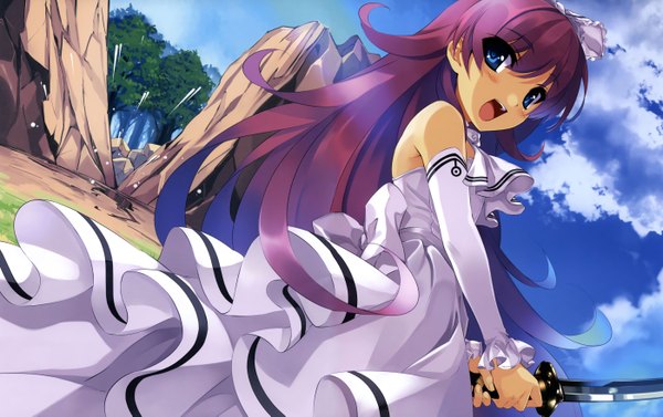 Anime picture 2800x1761 with misaki kurehito long hair highres open mouth blue eyes bare shoulders cloud (clouds) red hair rock girl dress weapon detached sleeves sword