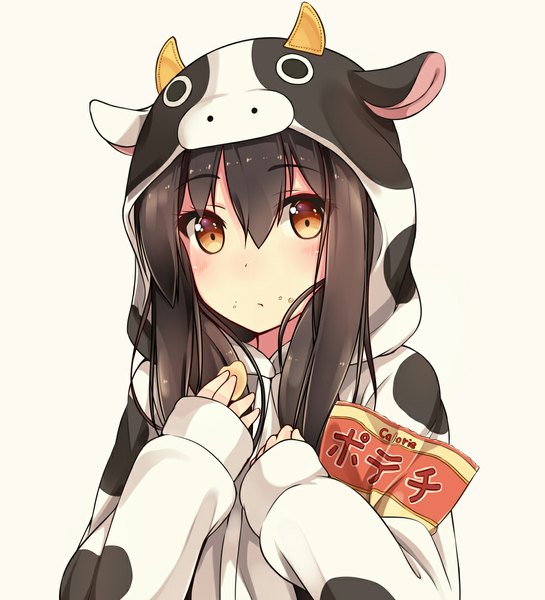 Anime picture 1000x1100 with kantai collection akagi aircraft carrier hiiragi hajime single long hair tall image looking at viewer blush fringe black hair simple background white background brown eyes horn (horns) close-up cow girl girl food hood hoodie
