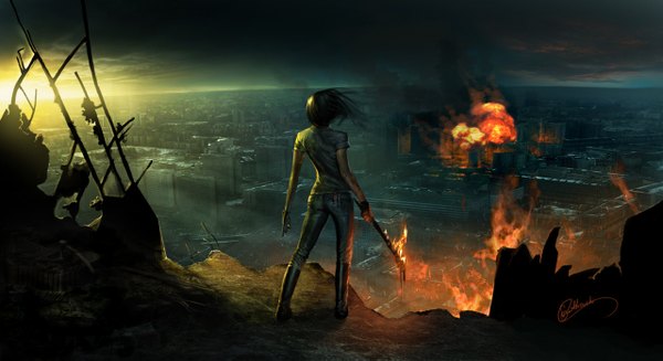 Anime picture 1280x699 with original 88grzes black hair wide image signed from behind city evening sunset cityscape explosion panorama girl fire jeans torch