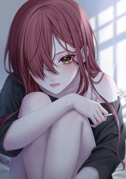 Anime-Bild 848x1200 mit original ca yu single long hair tall image fringe sitting green eyes red hair indoors parted lips hair over one eye off shoulder shadow smoke girl cigarette