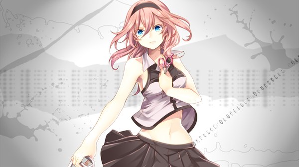 Anime picture 1500x839 with utau gahata mage toudou charo single long hair looking at viewer blue eyes wide image bare shoulders holding pink hair pleated skirt bare belly girl skirt navel black skirt headband scissors