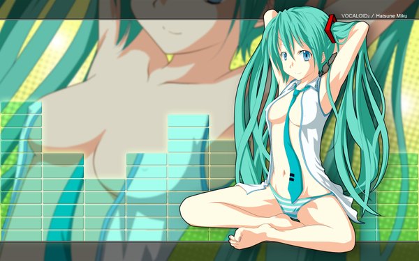 Anime picture 1680x1050 with vocaloid hatsune miku barokkusu (artist) blue eyes light erotic wide image twintails green hair arms behind head girl underwear panties necktie striped panties