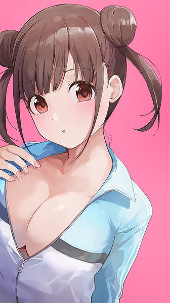 Anime picture 840x1500 with idolmaster idolmaster shiny colors sonoda chiyoko hiroki (yyqw7151) single tall image looking at viewer blush fringe short hair breasts open mouth light erotic simple background brown hair large breasts twintails brown eyes payot cleavage