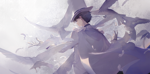 Anime picture 1815x900 with detective conan magic kaito kaito kid kuroba kaito nineo single highres short hair black hair wide image standing signed eyes closed profile from behind spread arms flock boy gloves hat