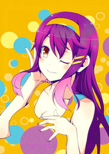 Anime picture 708x1000 with kantai collection haruna battleship kouji (campus life) single long hair tall image looking at viewer blush red eyes purple hair alternate color alternate hair color girl hair ornament hairband bobby pin