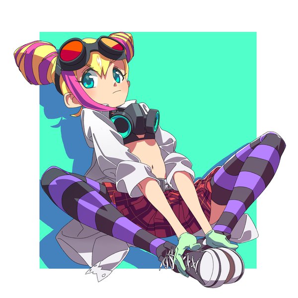 Anime picture 2755x2755 with promare studio trigger lucia fex suzuhara kenji single looking at viewer blush fringe highres short hair light erotic simple background blonde hair sitting full body multicolored hair aqua eyes two-tone hair hair bun (hair buns) border