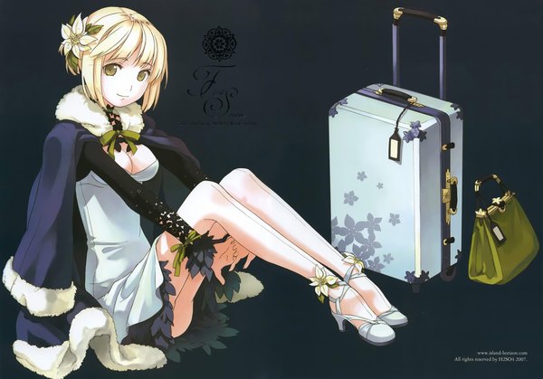 Anime picture 2144x1500 with h2so4 single highres short hair light erotic simple background blonde hair sitting green eyes cleavage hair flower light smile girl dress hair ornament flower (flowers) shoes bag coat luggage