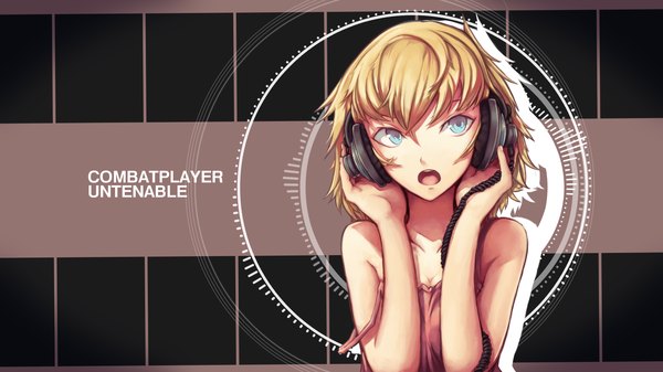 Anime picture 1920x1080 with original saimon ma doomfest single highres open mouth blue eyes blonde hair wide image bare shoulders inscription girl headphones