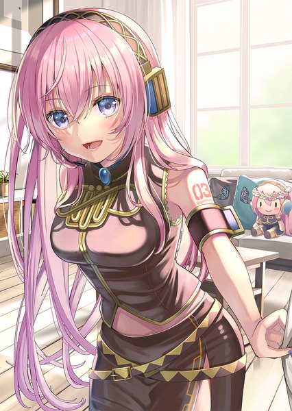 Anime picture 1000x1409 with vocaloid megurine luka yuuka nonoko single long hair tall image looking at viewer fringe open mouth hair between eyes purple eyes pink hair indoors :d leaning leaning forward girl window headphones headset