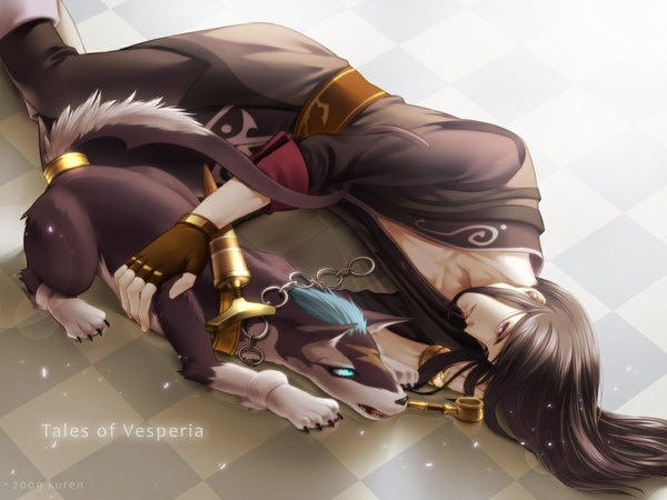 Anime picture 1066x800 with tales of (series) tales of vesperia yuri lowell repede kuren (artist) long hair looking at viewer open mouth blue eyes black hair purple eyes signed blue hair tail lying copyright name couple text checkered floor partially open clothes