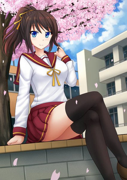 Anime picture 1200x1697 with original kazenokaze single long hair tall image looking at viewer blush fringe breasts blue eyes light erotic smile brown hair sitting payot sky cloud (clouds) ponytail long sleeves pleated skirt