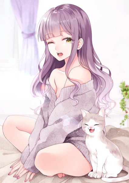 Anime picture 1450x2048 with original wakatsuki you single long hair tall image looking at viewer blush fringe open mouth sitting bare shoulders yellow eyes payot purple hair indoors blunt bangs nail polish one eye closed fingernails off shoulder
