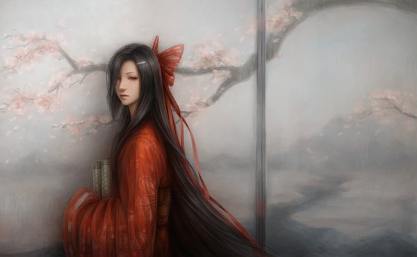 Anime picture 1457x900 with mirai nikki kasugano tsubaki jxbp single long hair looking at viewer black hair wide image holding traditional clothes parted lips japanese clothes realistic grey eyes cherry blossoms girl bow ribbon (ribbons) plant (plants) hair bow