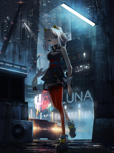 Anime picture 2000x2679 with virtual youtuber the moon studio kaguya luna asteroid ill single tall image looking at viewer fringe highres short hair breasts open mouth blue eyes smile hair between eyes standing twintails bare shoulders holding cleavage