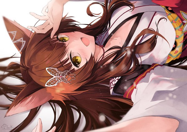 Anime picture 1280x905 with virtual youtuber nijisanji fumi (nijisanji) hirai yuzuki single long hair looking at viewer blush open mouth brown hair signed animal ears yellow eyes upper body traditional clothes :d japanese clothes fox ears miko girl