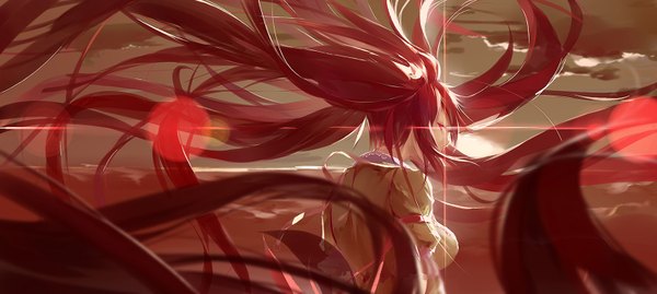 Anime picture 1556x700 with project diva f 2nd vocaloid hatsune miku lilikou single long hair red eyes wide image twintails sky cloud (clouds) red hair looking back wind from behind back girl