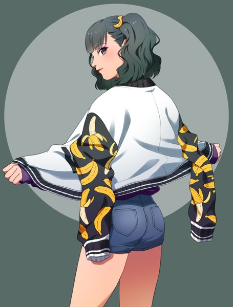 Anime picture 1516x2000 with original sumino akasuke single tall image short hair black hair twintails profile looking back grey background open jacket grey eyes lipstick short twintails spread arms eyeshadow red lipstick clothes on shoulders makeup food print