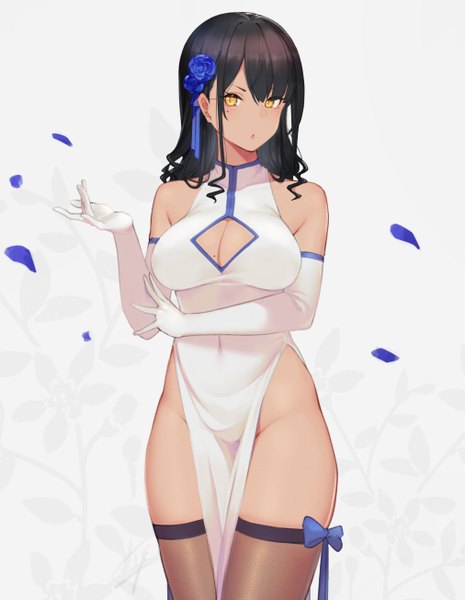 Anime picture 1011x1304 with original hayabusa single tall image looking at viewer blush fringe short hair breasts open mouth light erotic black hair simple background hair between eyes standing white background bare shoulders yellow eyes cleavage traditional clothes