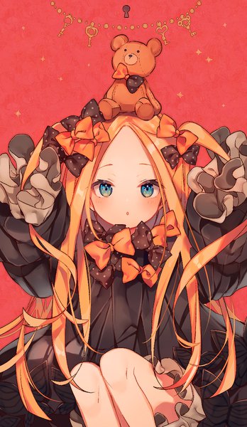 Anime picture 725x1249 with fate (series) fate/grand order abigail williams (fate) ana (rznuscrf) single long hair tall image looking at viewer blush blonde hair sitting aqua eyes :o two side up alternate hairstyle holding hair cute girl dress bow