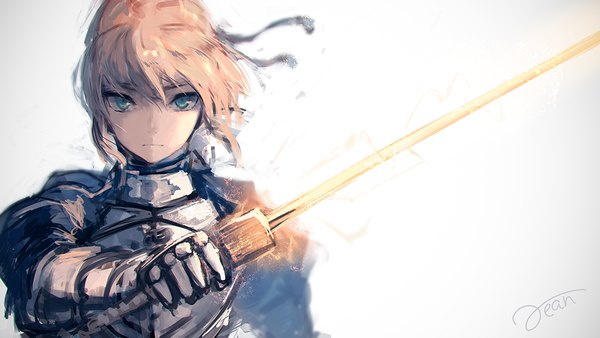 Anime picture 1200x675 with fate (series) fate/grand order fate/stay night artoria pendragon (all) saber rean (r ean) single looking at viewer fringe short hair simple background blonde hair hair between eyes wide image holding signed upper body aqua eyes wind blurry