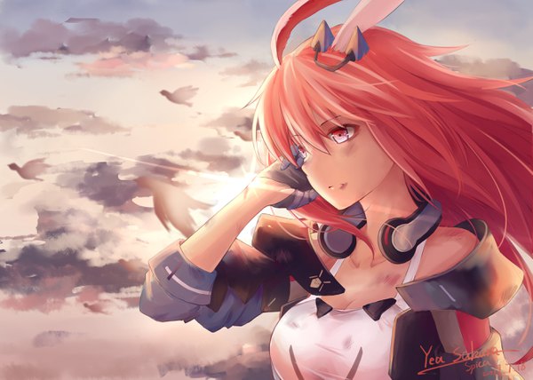 Anime picture 2690x1922 with honkai impact 3rd benghuai xueyuan honkai (series) yae sakura samrodle single long hair fringe highres hair between eyes signed animal ears looking away pink hair sky cloud (clouds) pink eyes wind bunny ears character names