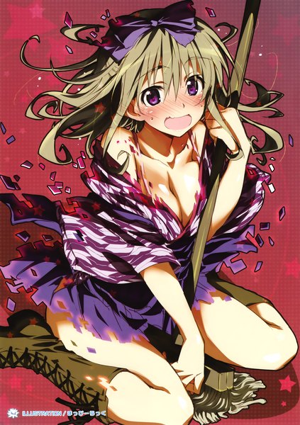 Anime picture 2254x3200 with yume koi haruna tomomi kurashima tomoyasu single tall image looking at viewer blush highres breasts open mouth light erotic brown hair sitting bare shoulders cleavage traditional clothes japanese clothes torn clothes girl hair ornament