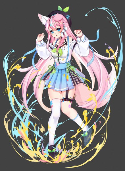 Anime picture 1200x1637 with virtual youtuber vyugen yuniiho (vtuber) yuniiho single tall image looking at viewer open mouth blue eyes animal ears pink hair full body tail long sleeves very long hair animal tail pleated skirt multicolored hair streaked hair dark background