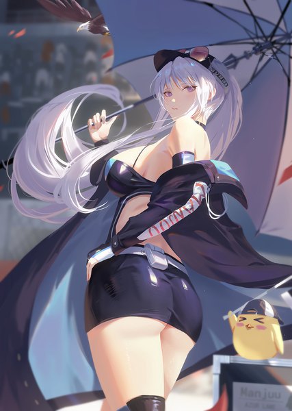 Anime picture 1100x1547 with azur lane manjuu (azur lane) enterprise (azur lane) enterprise (wind catcher) (azur lane) dongfangzhong111 single long hair tall image looking at viewer fringe breasts light erotic large breasts standing purple eyes holding silver hair outdoors ass ponytail