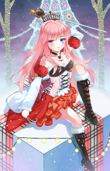 Anime picture 700x1088 with sword girls vinho flina single long hair tall image looking at viewer blush pink hair heterochromia christmas girl dress detached sleeves boots crown