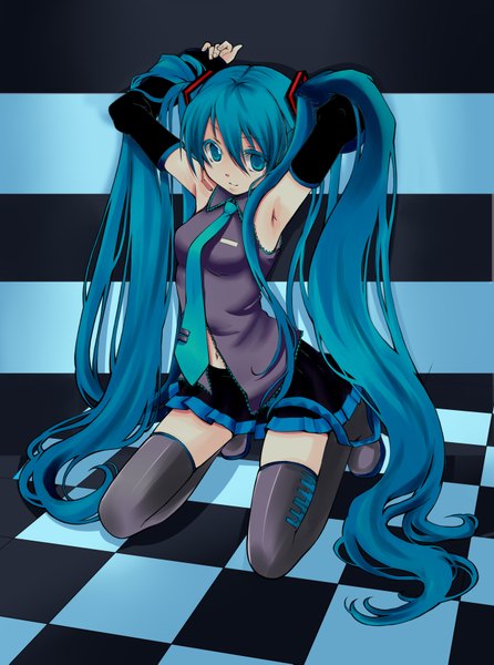 Anime picture 2636x3545 with vocaloid hatsune miku long hair tall image highres blue eyes twintails blue hair very long hair hands behind back checkered floor checkered girl thighhighs detached sleeves miniskirt necktie
