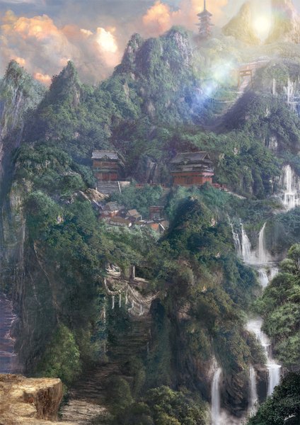 Anime picture 1240x1754 with original ichiro matsura tall image signed sky cloud (clouds) sunlight light mountain no people landscape waterfall water building (buildings) stairs torii house japanese house