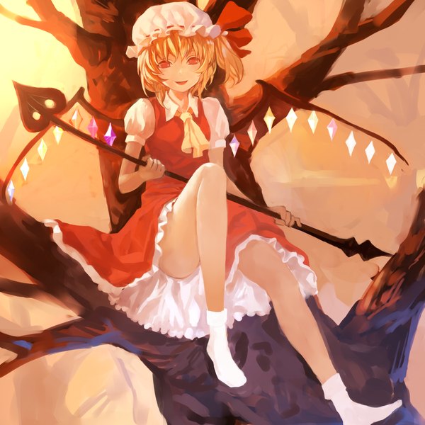 Anime picture 1500x1500 with touhou flandre scarlet zrero short hair blonde hair red eyes sitting one side up girl dress weapon plant (plants) tree (trees) socks white socks bonnet laevatein (touhou)