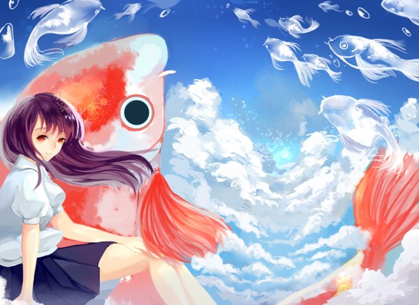 Anime picture 2952x2149 with original mimi tsukue (artist) single long hair looking at viewer highres smile red eyes sky purple hair cloud (clouds) pleated skirt girl fish (fishes)