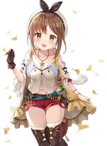 Anime picture 1240x1681 with atelier (series) atelier ryza gust (company) reisalin stout mayo (miyusa) single tall image looking at viewer blush short hair open mouth brown hair brown eyes cleavage :d zettai ryouiki girl shorts hairclip pendant