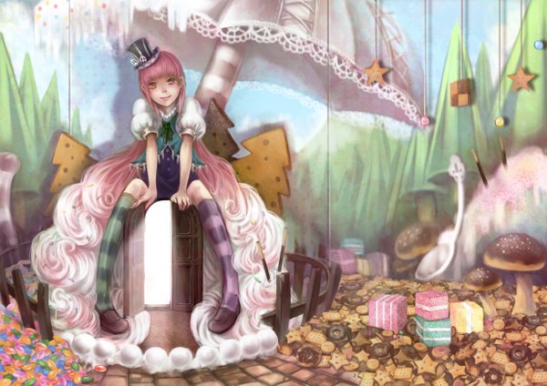 Anime picture 2480x1753 with original iroai mdd single long hair highres yellow eyes pink hair pink eyes heterochromia girl thighhighs plant (plants) hat tree (trees) food sweets umbrella striped thighhighs candy mini hat
