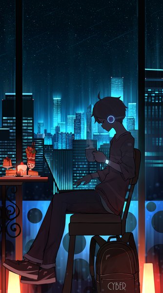 Anime picture 1500x2694 with original pasoputi single tall image short hair sitting full body ahoge profile night night sky text looking down english steam boy food shoes window sweets