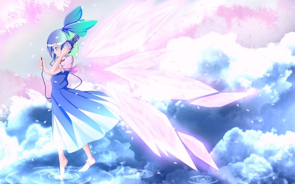 Anime picture 1680x1050 with touhou cirno short hair blue eyes wide image sky cloud (clouds) aqua hair girl dress ribbon (ribbons) wings headphones