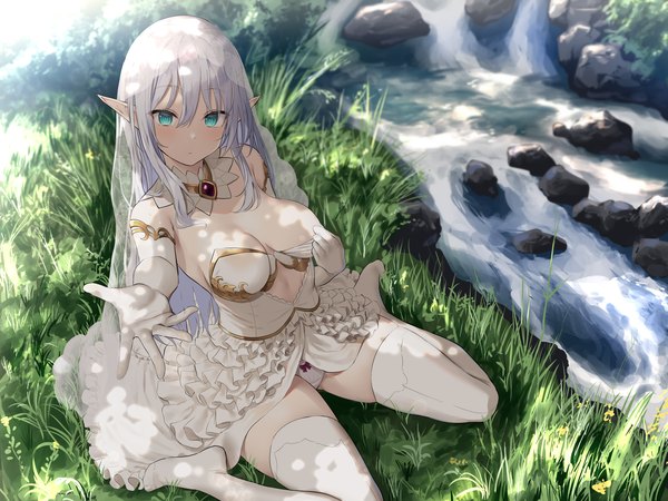 Anime picture 2000x1500 with original oekakizuki single long hair looking at viewer blush fringe highres breasts light erotic hair between eyes large breasts sitting silver hair full body outdoors aqua eyes from above pointy ears sunlight