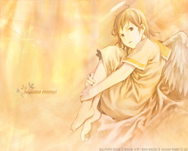 Anime picture 1280x1024 with haibane renmei rakka (haibane) abe yoshitoshi single looking at viewer short hair signed lying barefoot copyright name on side angel wings third-party edit polychromatic girl dress wings halo