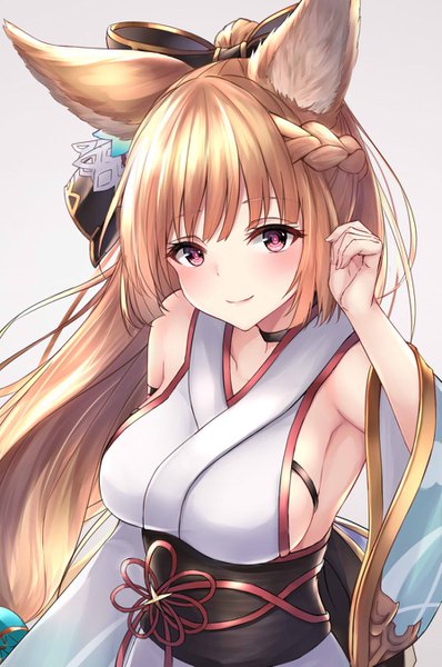 Anime picture 895x1349 with granblue fantasy yuisis (granblue fantasy) ym (distance819) single long hair tall image looking at viewer blush fringe breasts light erotic simple background blonde hair hair between eyes animal ears payot upper body ponytail braid (braids) traditional clothes