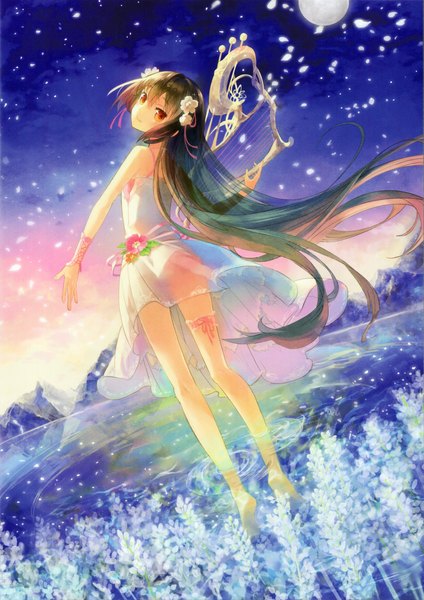 Anime picture 2141x3030 with fuumi (radial engine) single long hair tall image looking at viewer highres red eyes sky looking back barefoot hair flower green hair scan night girl dress hair ornament flower (flowers) plant (plants) petals