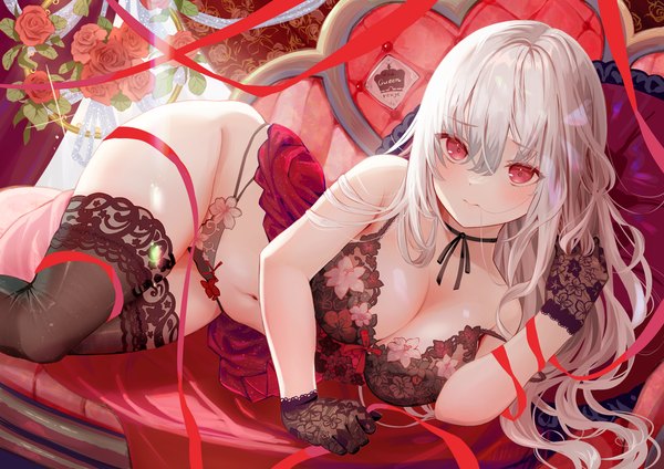 Anime picture 2047x1447 with original ito lab single long hair looking at viewer blush fringe highres breasts blue eyes light erotic hair between eyes red eyes large breasts cleavage silver hair lying floral print on side holding hair