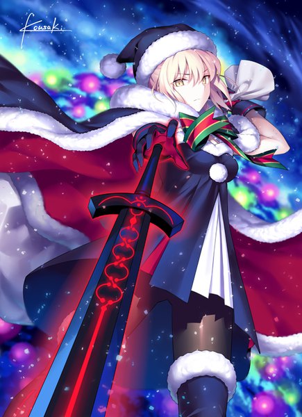Anime picture 580x800 with fate (series) fate/grand order artoria pendragon (all) santa alter kousaki rui single tall image looking at viewer fringe short hair light erotic blonde hair hair between eyes holding signed yellow eyes payot from below fur trim snowing